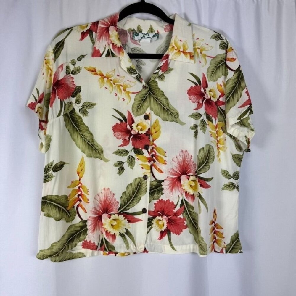 Vintage Two Palms Tropical Hawaiian Button Up Shirt‎ Boxy Fit Resort Cruise L